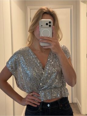 Zara Silver Sequin Wrap-Style Crop Top